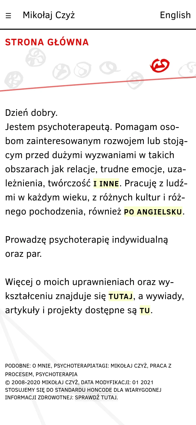 The mobile version presents a simplified, vertically stacked layout with a hamburger menu icon and the name Mikołaj Czyż at the top. The hero section features a large red headline 'STRONA GŁÓWNA' above abstract line art, followed by the main introductory text in a single column for easy reading on small screens.