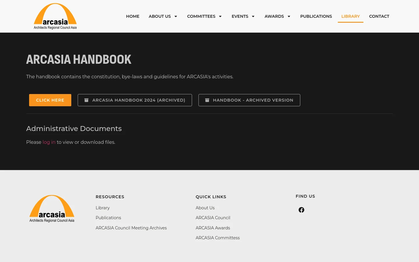 The desktop Library page features a dark hero section with the headline 'ARCASIA HANDBOOK' and a brief description. Below the text are three primary call-to-action buttons: an orange 'CLICK HERE' button and two dark outlined buttons for archived versions. The bottom section, titled 'Administrative Documents,' is set against a dark background with a light gray footer containing site links and a logo.