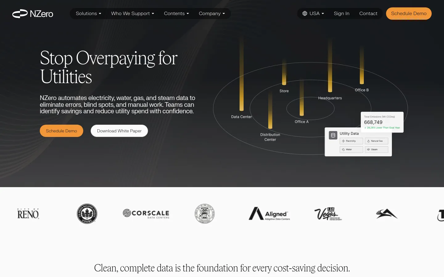The desktop page features a dark hero section with the headline 'Stop Overpaying for Utilities' and two call-to-action buttons: 'Schedule Demo' in orange and 'Download White Paper' in white. To the right, a complex data visualization shows glowing vertical lines connecting various facility labels like 'Data Center' and 'Headquarters' to a utility data dashboard. A grayscale logo strip of partner companies is displayed below the hero section.