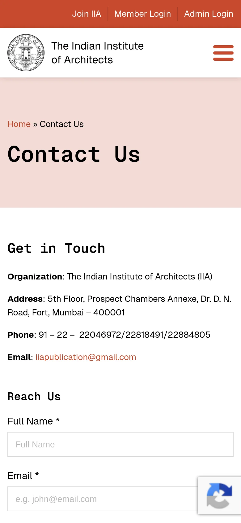 The mobile version presents a simplified vertical layout with the 'Contact Us' headline in a pink header section. The 'Get in Touch' contact details are stacked vertically above the 'Reach Us' contact form, which includes input fields for name, email, phone, subject, and message. A hamburger menu icon is visible in the top right corner for navigation, replacing the desktop horizontal menu.