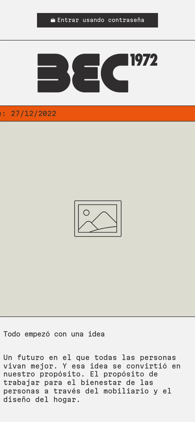 The mobile version presents a single-column vertical layout on a light beige background. The BEC1972 logo and orange announcement banner are at the top, followed by the placeholder image, and then the brand mission text below it.