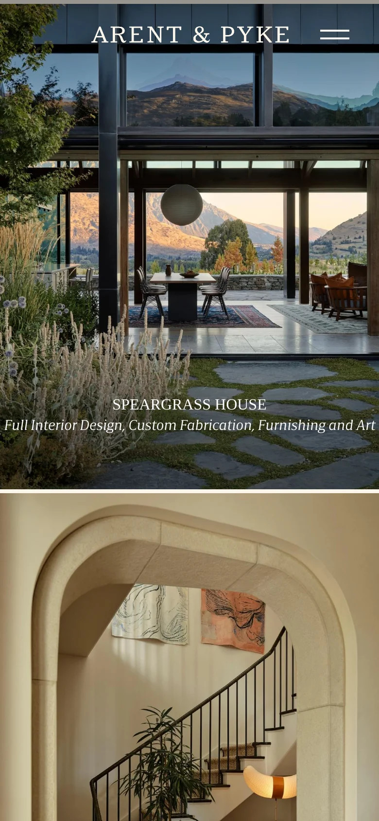 The mobile version presents a vertically stacked layout, starting with a full-screen hero image of Speargrass House. The 'ARENT & PYKE' logo is centered, with a large hamburger menu icon to the right. The content transitions into a single-column scroll of large, immersive interior design photographs.