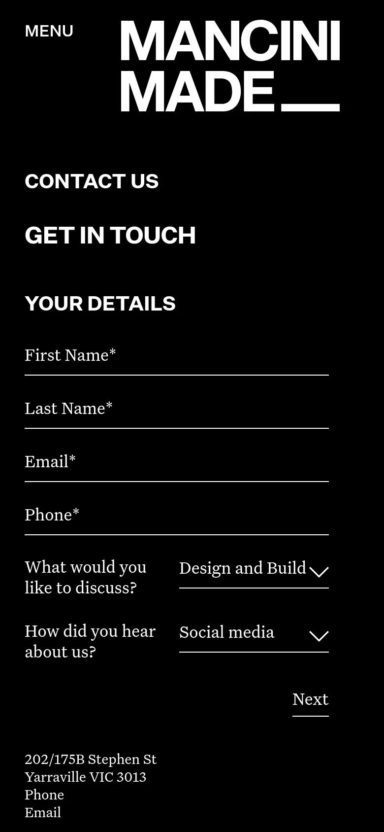 Mancini Made Contact mobile website screenshot
