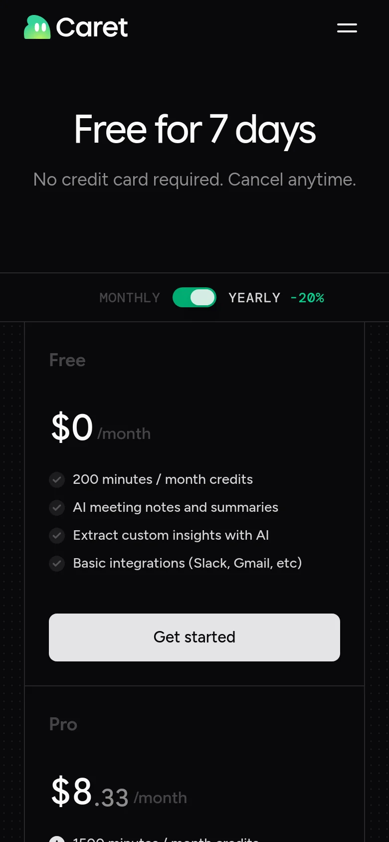 The mobile version uses a dark theme and presents the pricing information in a single-column vertical stack instead of a grid. The 'Free for 7 days' hero section and billing toggle remain at the top, followed by individual pricing cards that span the width of the screen for easier scrolling.