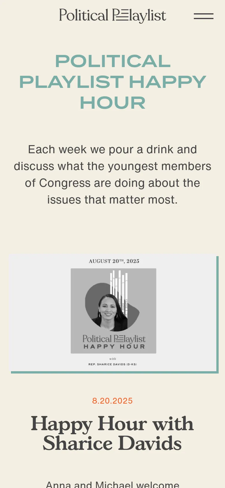 The mobile version maintains the cream background and sage green typography but uses a centered, stacked layout to accommodate the narrower screen. The large headline and description are positioned at the top, followed by a vertically oriented episode card for Sharice Davids. The header is simplified with the logo and a prominent hamburger menu icon.