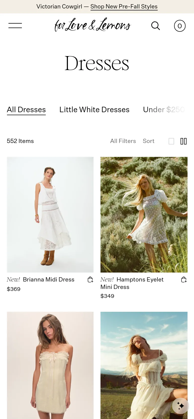 The mobile version presents a simplified layout with a hamburger menu, search icon, and shopping bag at the top. The hero image is replaced by a centered 'Dresses' title, followed by a horizontally scrollable category menu and a single-column product grid showing dress images, names, and prices.