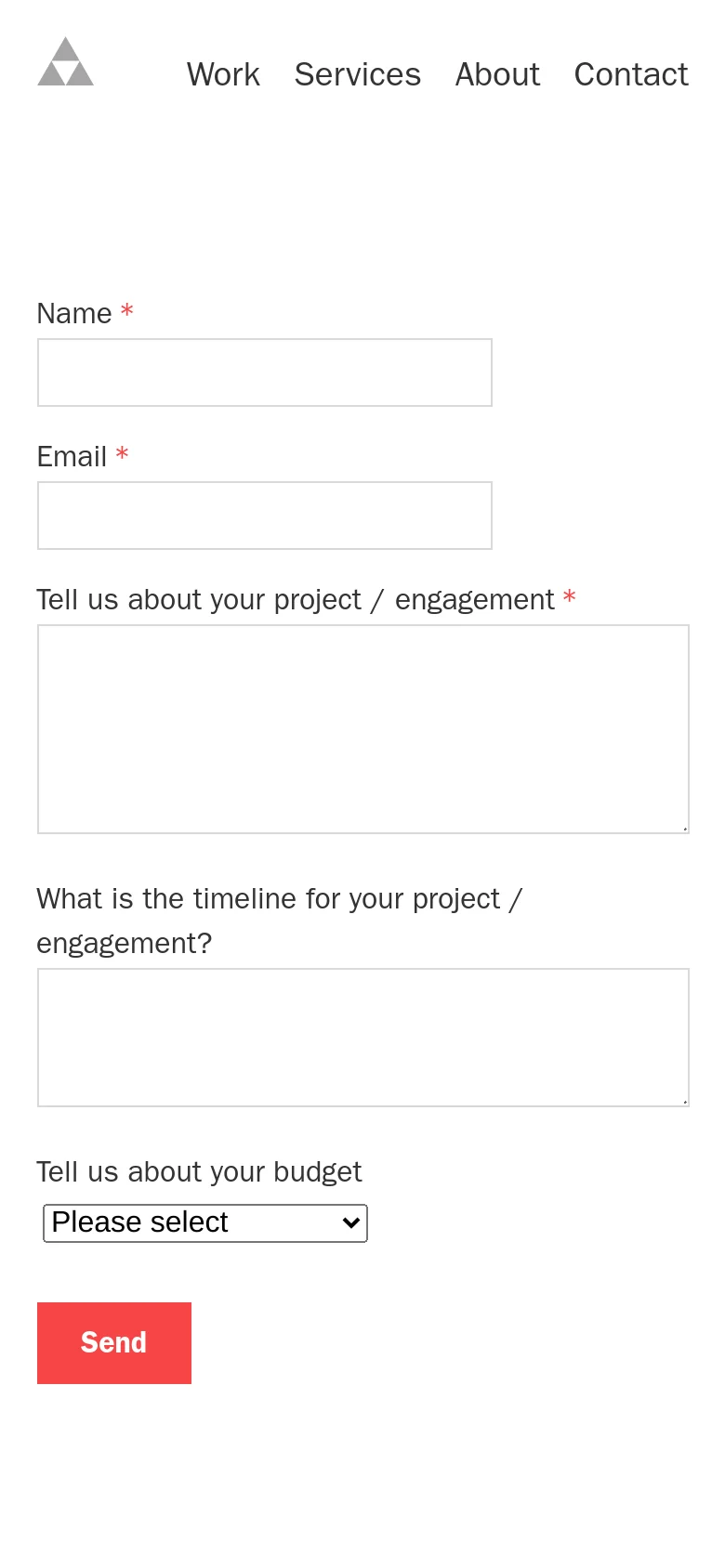 The mobile version presents a single-column layout with the Paravel logo and navigation links centered at the top. The flag illustration is removed to prioritize the contact form, which includes text input fields, a text area for project details, a dropdown for budget, and a prominent red 'Send' button.