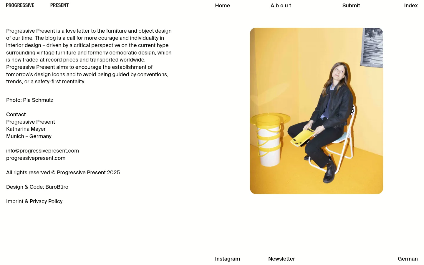 The desktop About page features a minimalist white layout with a navigation menu at the top containing Home, About, Submit, and Index. A large hero image on the right shows a woman sitting on a white chair in a yellow room next to a yellow object, while the left side contains a mission statement and contact information in black text.