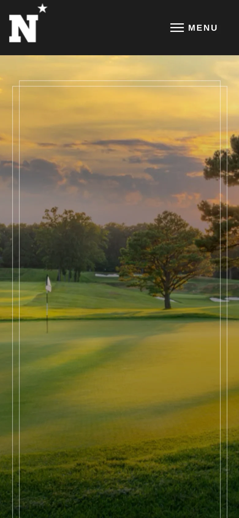 The mobile version displays a vertically oriented view of the golf course landscape under a sunset sky. The navigation is condensed into a 'MENU' hamburger icon at the top right next to a white 'N' logo, and the large hero image fills the entire screen width.