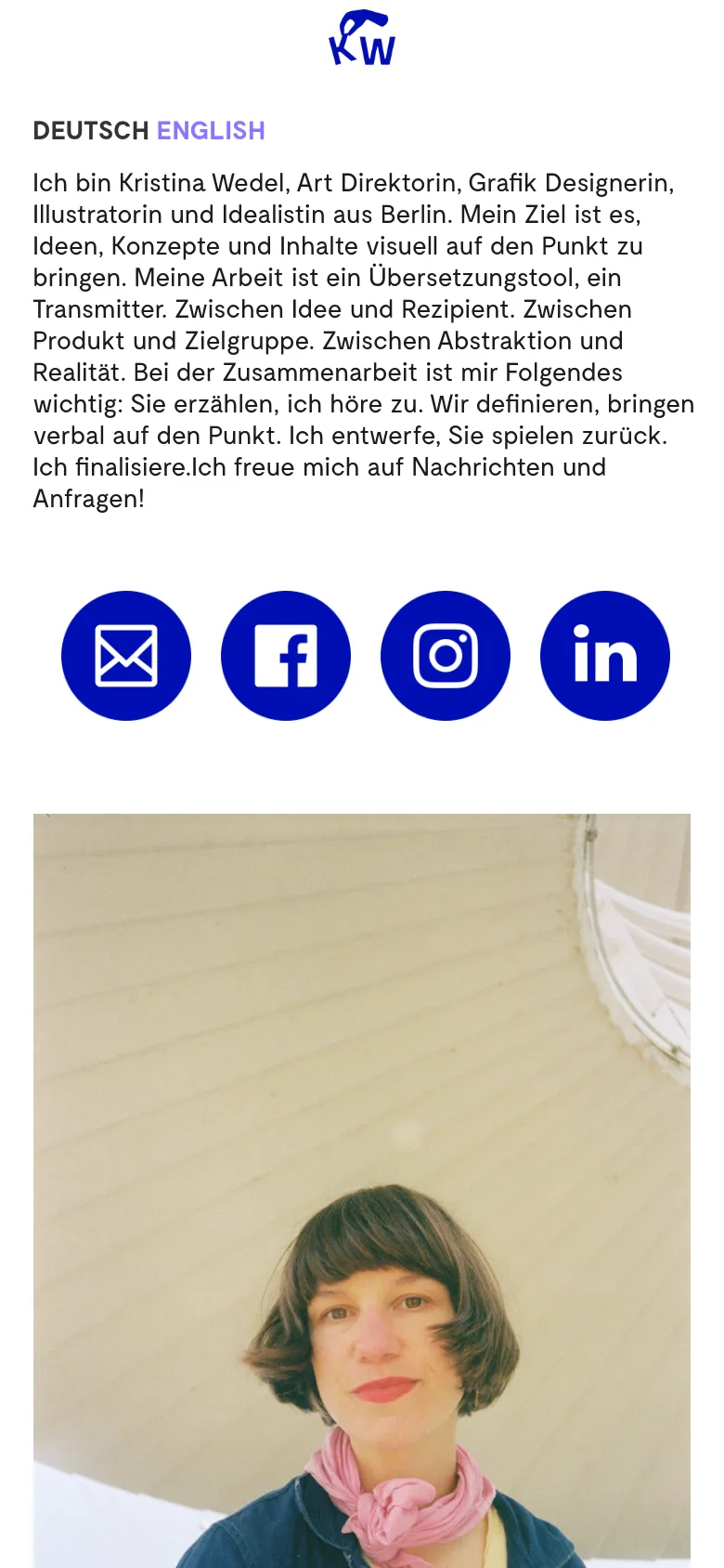 The mobile version uses a single-column layout with the logo at the top. The introductory text is followed by four large blue circular social media icons, and the portrait image is positioned below the icons, spanning the width of the screen.