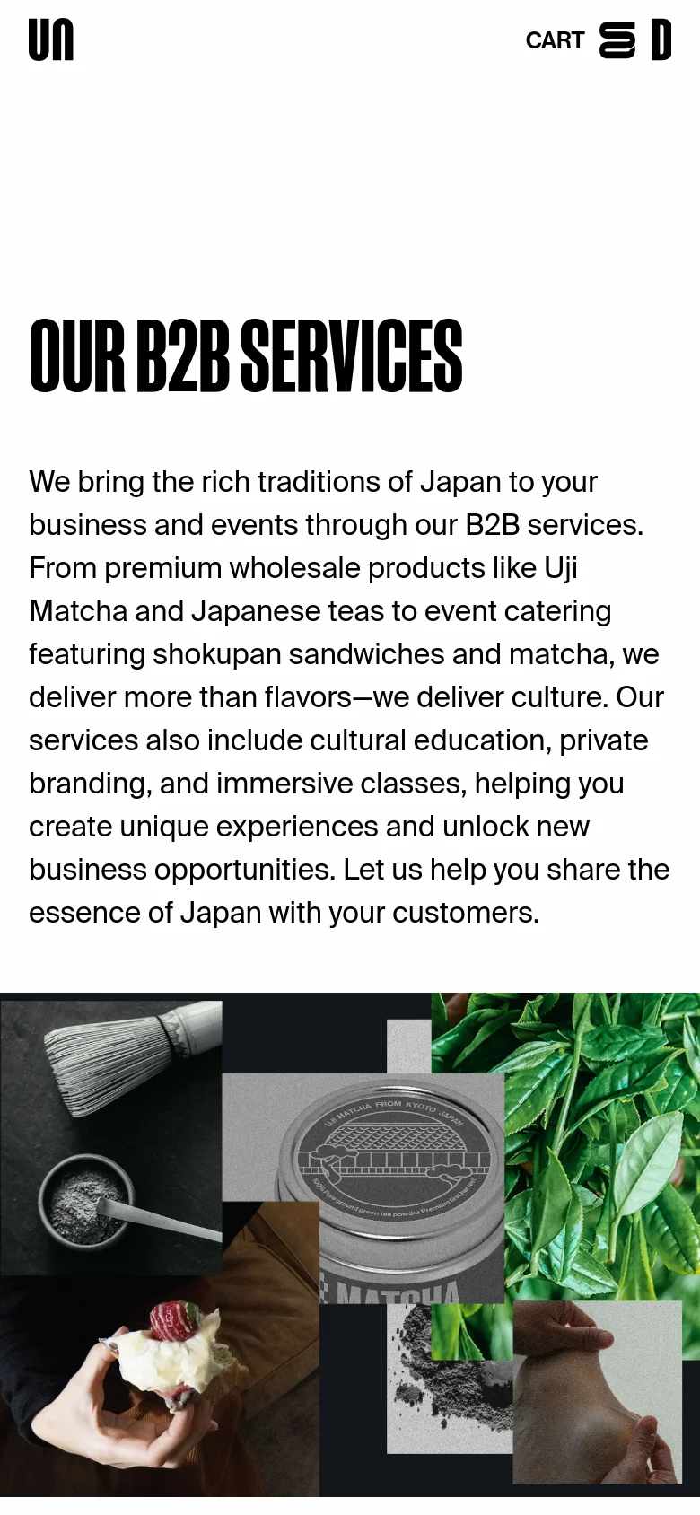The mobile version presents a vertically stacked layout with the 'OUR B2B SERVICES' headline and introductory text at the top. The multi-image collage is repositioned below the text, appearing as a dense grid of square and rectangular images. The navigation is simplified, showing only the logo, Cart, and a hamburger menu icon at the top.