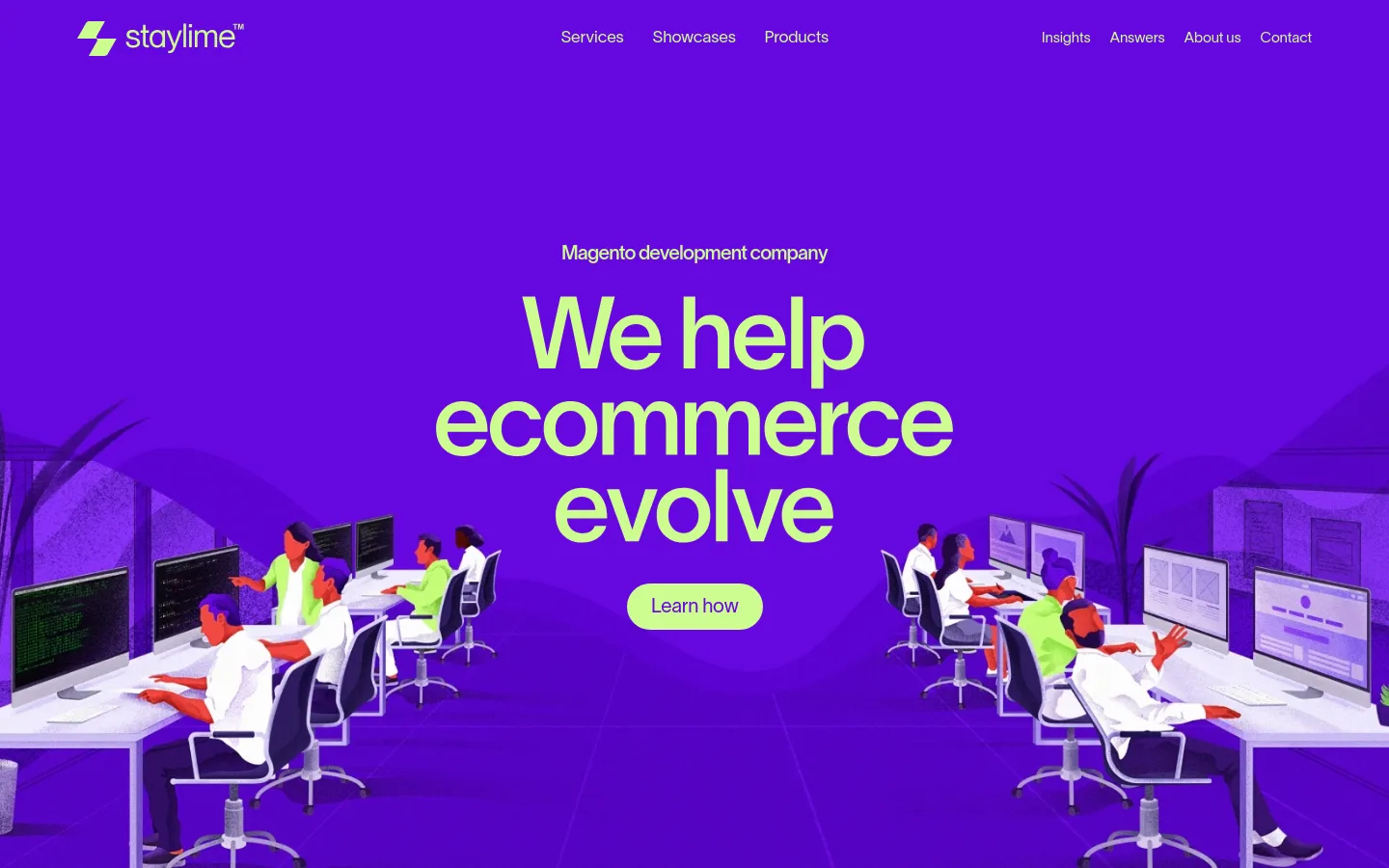 The desktop homepage features a vibrant purple background with a large hero headline in lime green reading 'We help ecommerce evolve.' Below the headline is a 'Learn how' call-to-action button, and the hero image depicts a stylized illustration of people working at computers in a modern office setting. A navigation menu is visible at the top with links for Services, Showcases, Products, Insights, Answers, About us, and Contact.