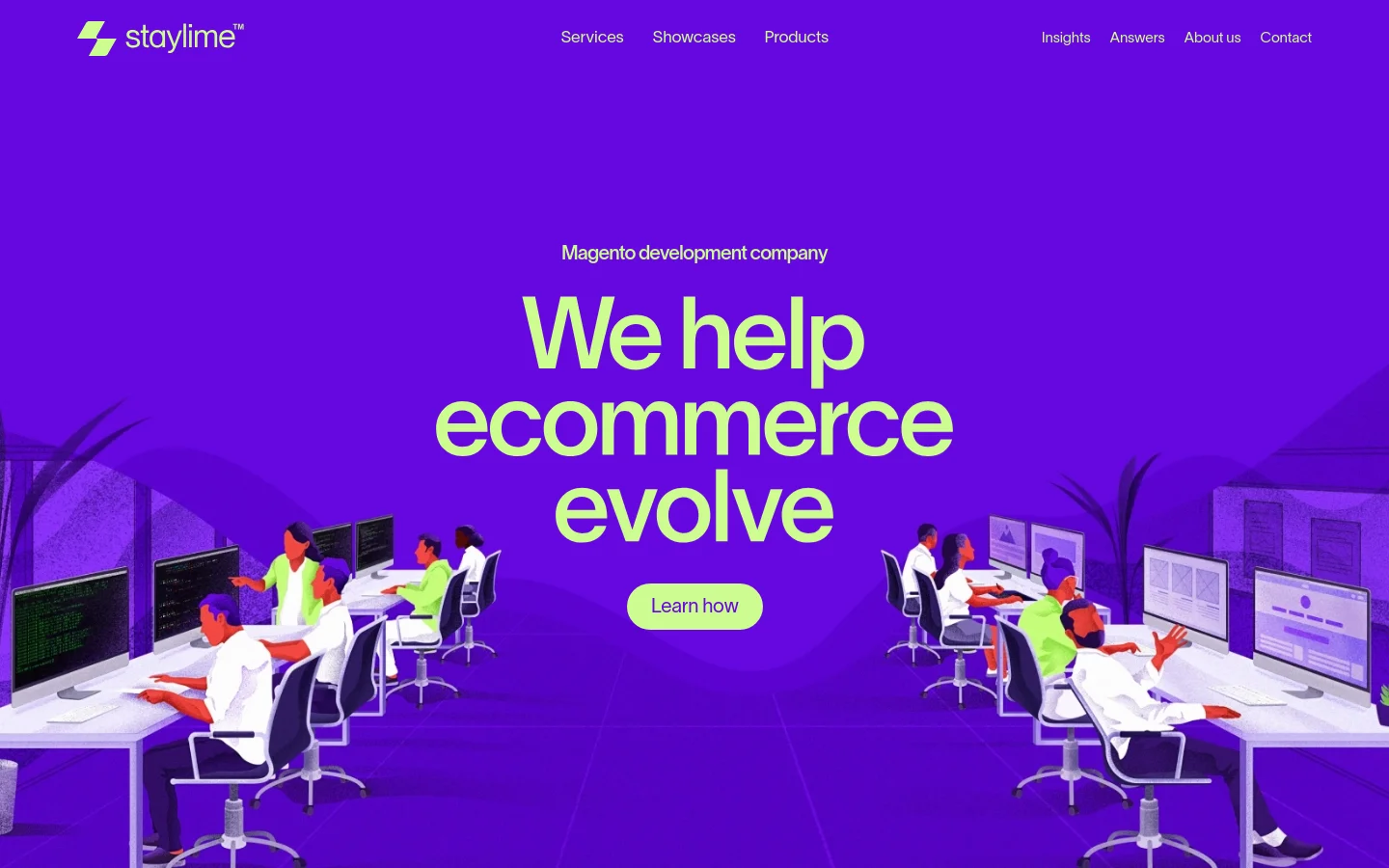 The desktop homepage features a vibrant purple background with a large hero headline in lime green reading 'We help ecommerce evolve.' Below the headline is a 'Learn how' call-to-action button, and the hero image depicts a stylized illustration of people working at computers in a modern office setting. A navigation menu is visible at the top with links for Services, Showcases, Products, Insights, Answers, About us, and Contact.