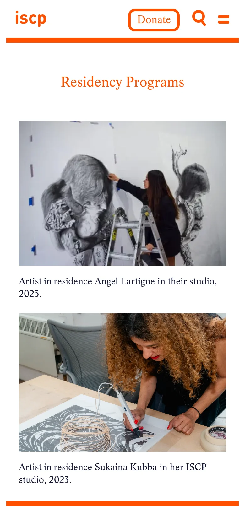The mobile version simplifies the layout into a single vertical column. The 'Residency Programs' headline is centered above two stacked images of artists in their studios. The header is condensed, featuring the ISCP logo, a 'Donate' button, a search icon, and a hamburger menu icon.