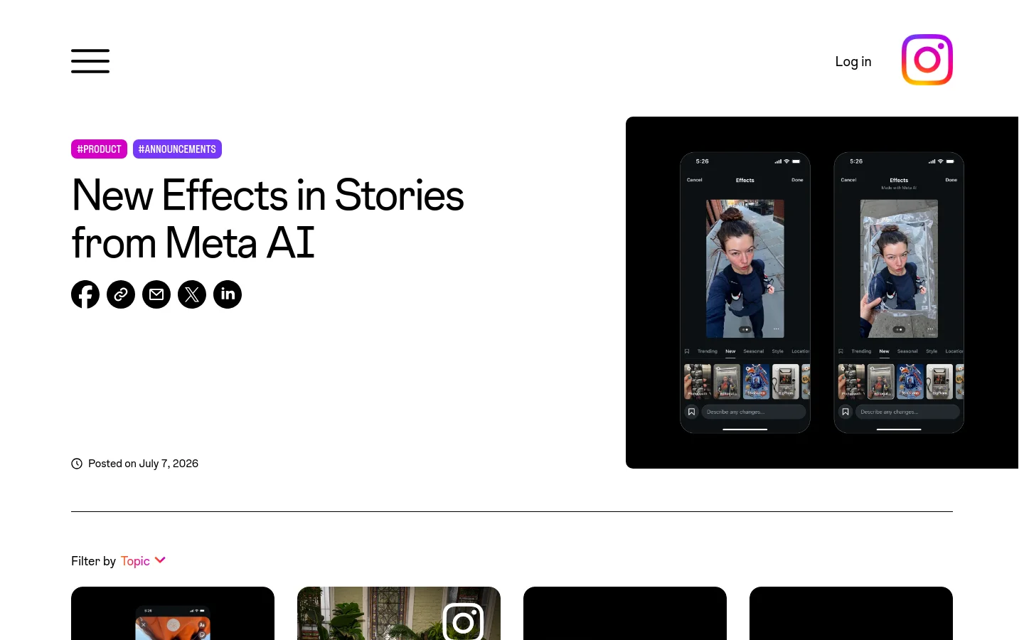 The desktop homepage features a minimalist white background with a large headline reading 'New Effects in Stories from Meta AI' accompanied by social media sharing icons. To the right, two smartphone mockups display the Instagram interface showing AI-generated effects on photos. The layout is spacious with a navigation menu on the top left and the Instagram logo on the top right.