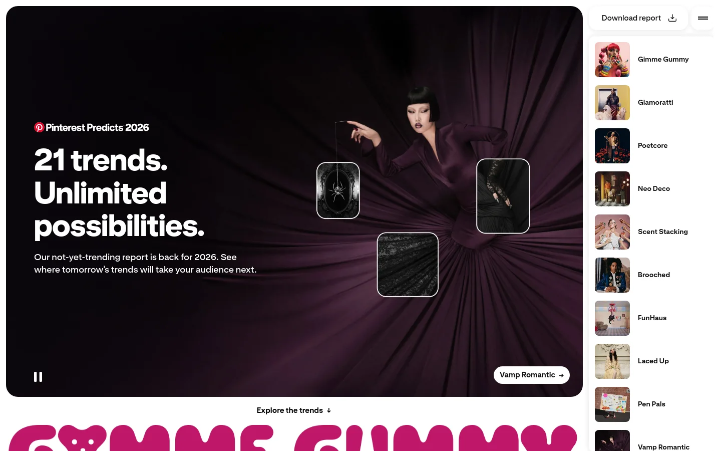 The desktop homepage for Pinterest Predicts 2026 features a dark, moody hero section with a woman in a purple dress against draped fabric. Large white text reads '21 trends. Unlimited possibilities.' alongside a 'Vamp Romantic' call to action button. A sidebar on the right displays a vertical list of trend names with small square thumbnail images.