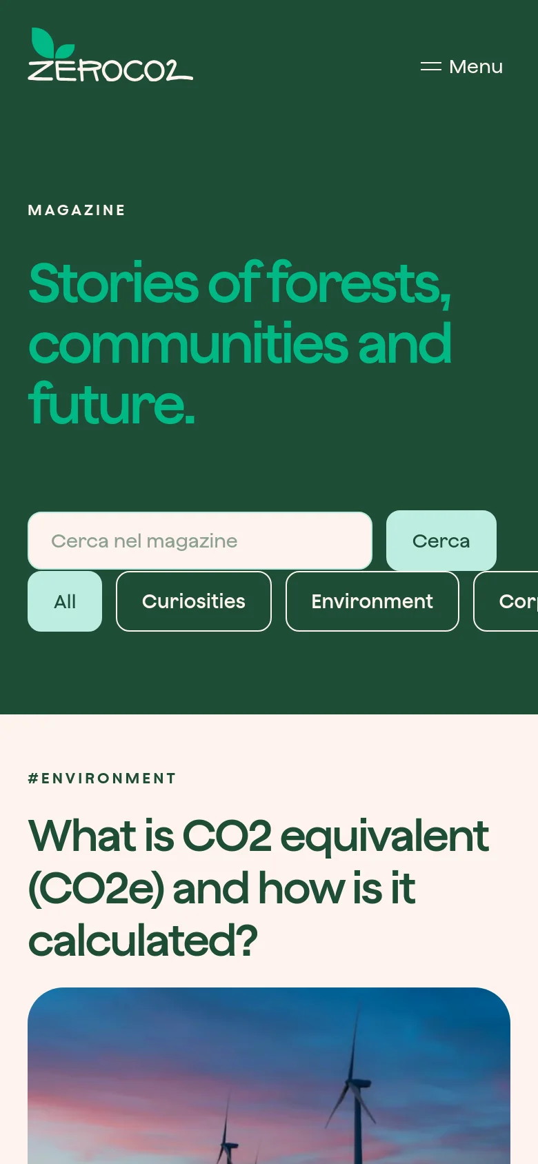 The mobile version maintains the dark green hero section and large serif headline but stacks elements vertically. The search bar and category buttons are centered and take up more width, and the navigation menu is condensed into a hamburger icon at the top right.
