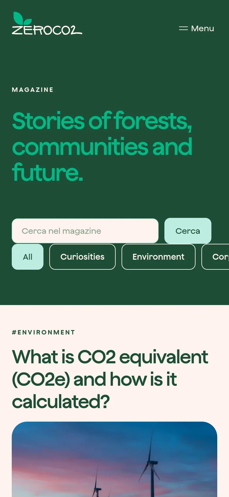 The mobile version maintains the dark green hero section and large serif headline but stacks elements vertically. The search bar and category buttons are centered and take up more width, and the navigation menu is condensed into a hamburger icon at the top right.