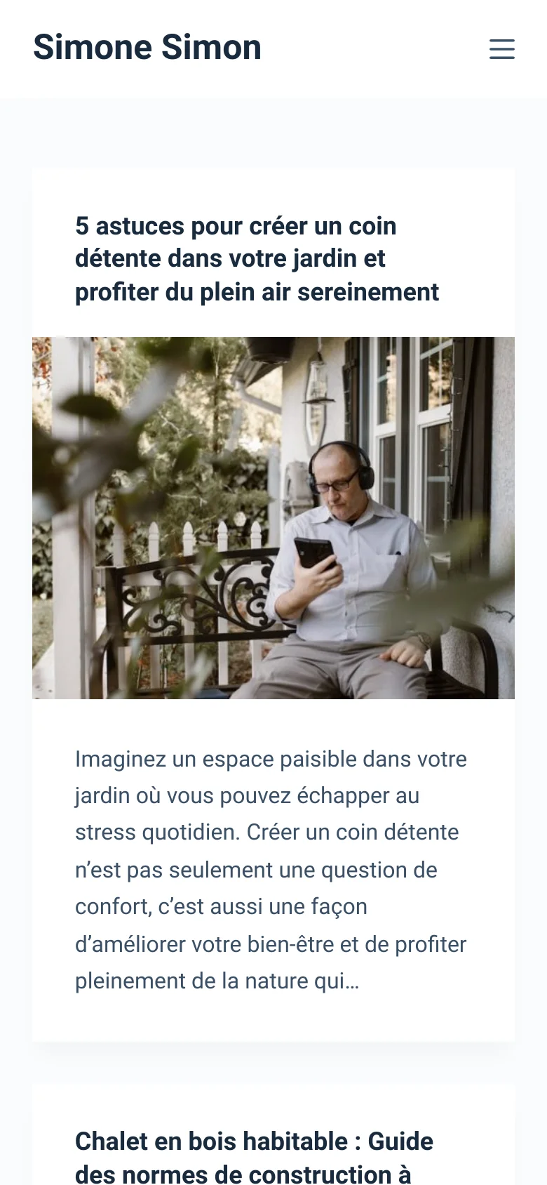 The mobile version displays a simplified layout with the 'Simone Simon' logo and a hamburger menu icon at the top. The blog posts are stacked vertically in a single column, with large featured images followed by headlines and text excerpts, optimizing the reading experience for smaller screens.