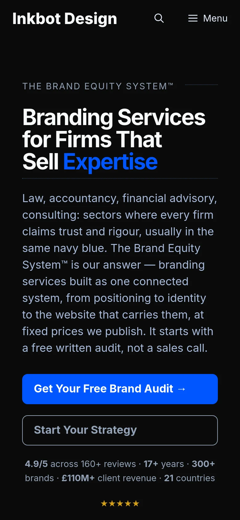 The mobile version presents a vertically stacked layout on a black background, prioritizing the large headline and descriptive text. The two call-to-action buttons are full-width and stacked vertically, followed by the client statistics and star ratings. The header is simplified with a hamburger menu icon and a search icon next to the logo.