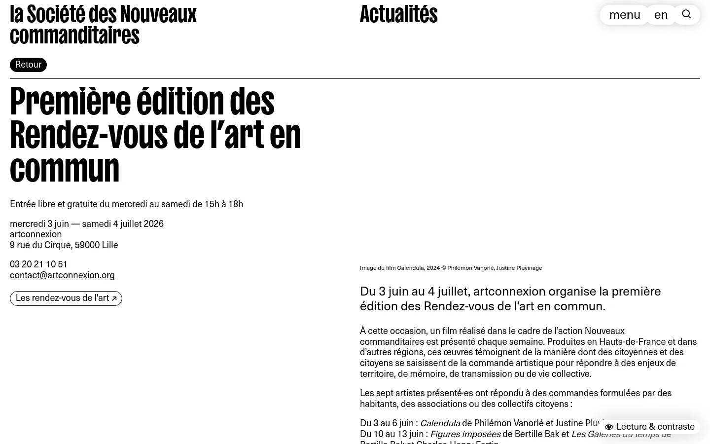 The desktop page features a large, bold headline for 'Première édition des Rendez-vous de l’art en commun' against a white background. Below the event details and contact information, there is a wide hero image showing two young girls lying on a wooden terrace by the water with industrial ships in the background. The layout uses a clean, minimalist design with black text and a prominent button linking to 'Les rendez-vous de l'art'.