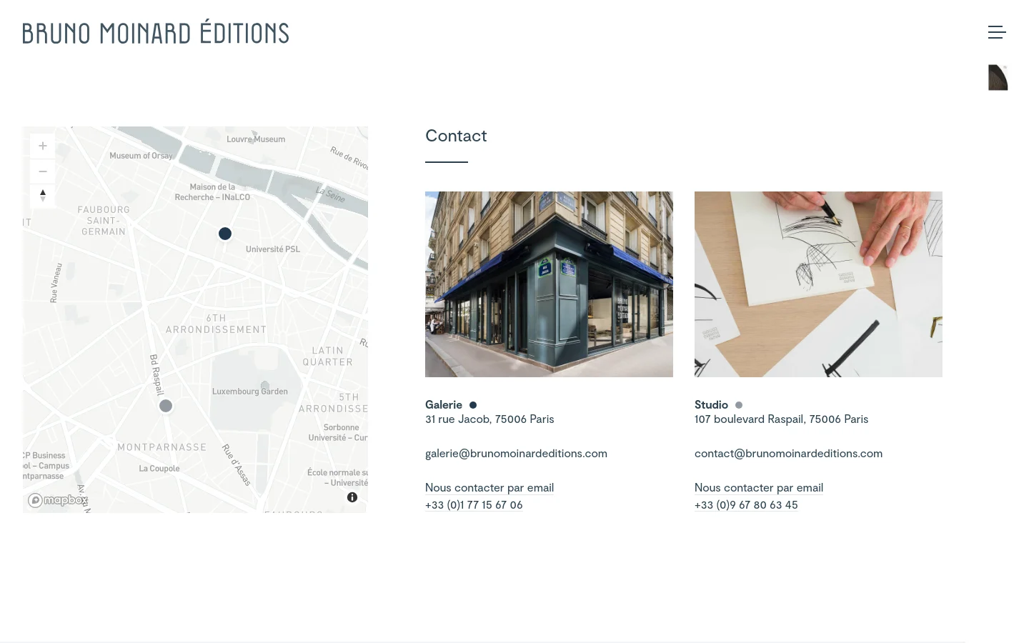 The Contact page features a split layout with an interactive Mapbox map on the left and contact details on the right. The right side includes the headline 'Contact' above two sections for 'Galerie' and 'Studio,' each accompanied by a rectangular photograph, address, email link, and phone number. The design is minimalist with a white background and black text.