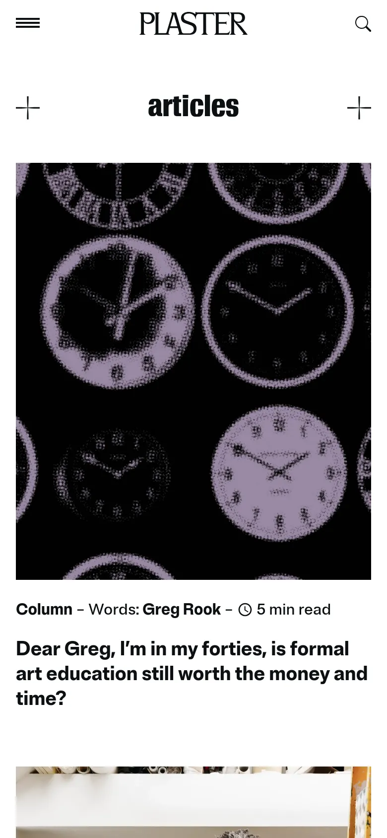 The mobile version presents a single-column vertical layout optimized for smaller screens. The 'articles' heading is flanked by large plus icons, and the article content, including the clock imagery and text, spans the full width of the viewport for easier scrolling.