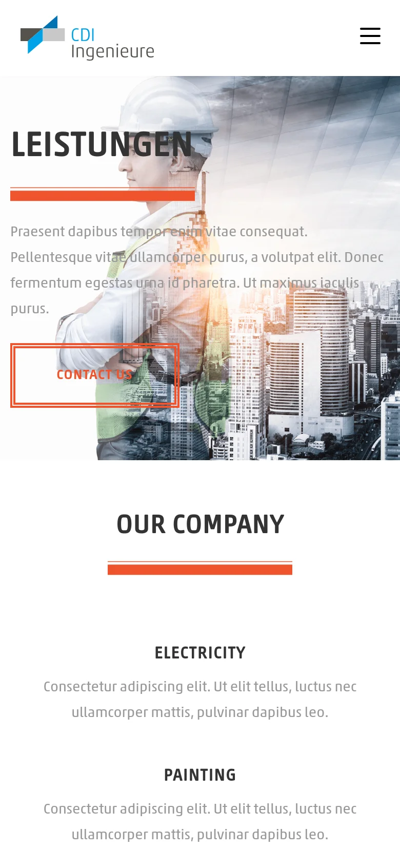 The mobile version shows a condensed hero section where the 'LEISTUNGEN' headline and 'CONTACT US' button are centered over the engineer and cityscape imagery. The top navigation is replaced by a hamburger menu icon, and the content below transitions into a single-column layout for 'OUR COMPANY' services.