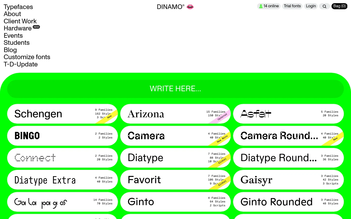 Dinamo Typefaces catalogue page featuring a grid of retail typeface specimens. The layout uses large, pill-shaped white cards on a vibrant neon green background, displaying font names like Schengen, Arizona, and Asfalt alongside style counts. Minimalist Swiss-style typography and a clean, high-contrast interface define the design.