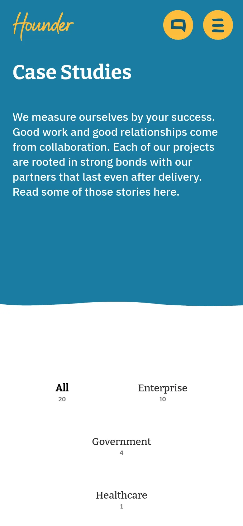 The mobile version simplifies the layout into a single-column view with a teal header containing the 'Case Studies' title and introductory text. The navigation is condensed into a hamburger menu and a chat icon, while the category filters are arranged in a vertical list below the hero section.
