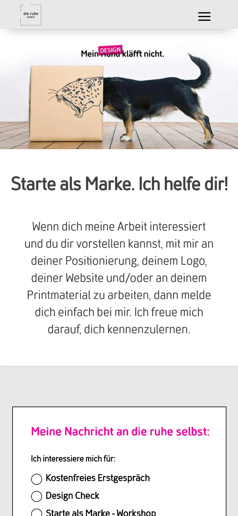 The mobile version presents a simplified layout with a hamburger menu icon in the header. The hero image of the dog and leopard box is scaled to fit the narrow screen, followed by the same headline and text content. The contact form is positioned vertically below the text, optimized for scrolling on a handheld device.