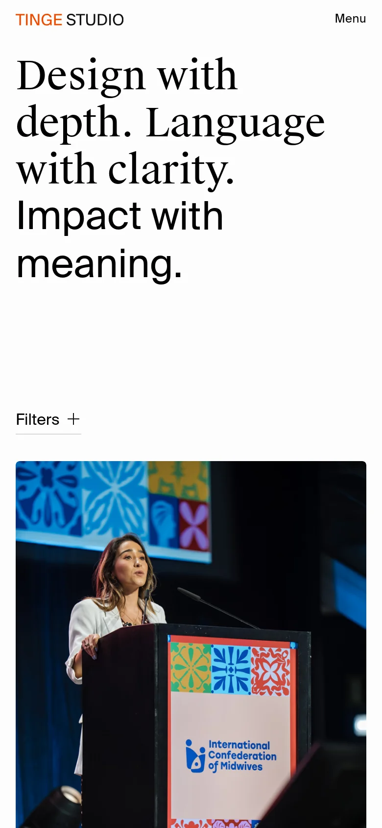 The mobile version maintains the minimalist aesthetic but uses a single-column layout. The large serif headline dominates the top of the screen, followed by a 'Filters' button with a plus icon. The project gallery transitions from a multi-column grid to a vertical stack of large, full-width images.