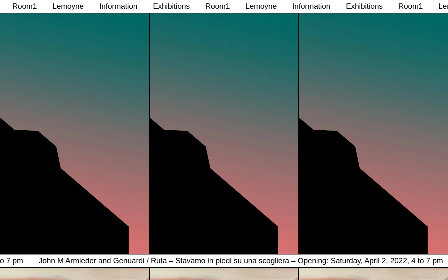 The desktop homepage features a minimalist design with a navigation menu containing 'Lemoyne', 'Information', 'Exhibitions', and 'Room1'. The hero section displays a large, abstract gradient background transitioning from teal to a dusty rose, overlaid with a jagged black silhouette. A text banner at the bottom announces an exhibition by John M Armleder and Genuardi / Ruta.