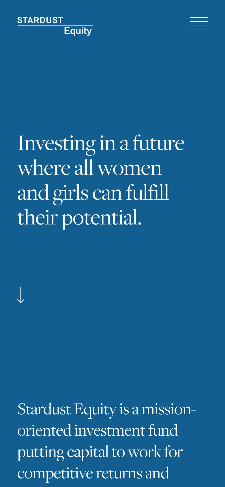 The mobile version maintains the deep blue background and white serif text but uses a simplified layout. The navigation is condensed into a hamburger menu icon in the top right, and the hero headline is centered and scaled for a smaller screen. The content flows vertically, beginning with the primary mission statement.