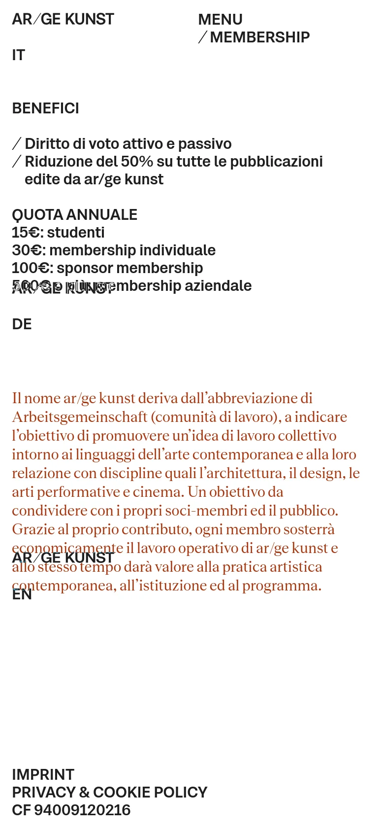 The mobile version presents a single-column vertical layout optimized for small screens. The header is simplified with a 'MENU' label, and all text content, including benefits, fees, and the descriptive paragraph, is stacked vertically. The design maintains the high-contrast black and white color scheme and clean typography of the desktop version.
