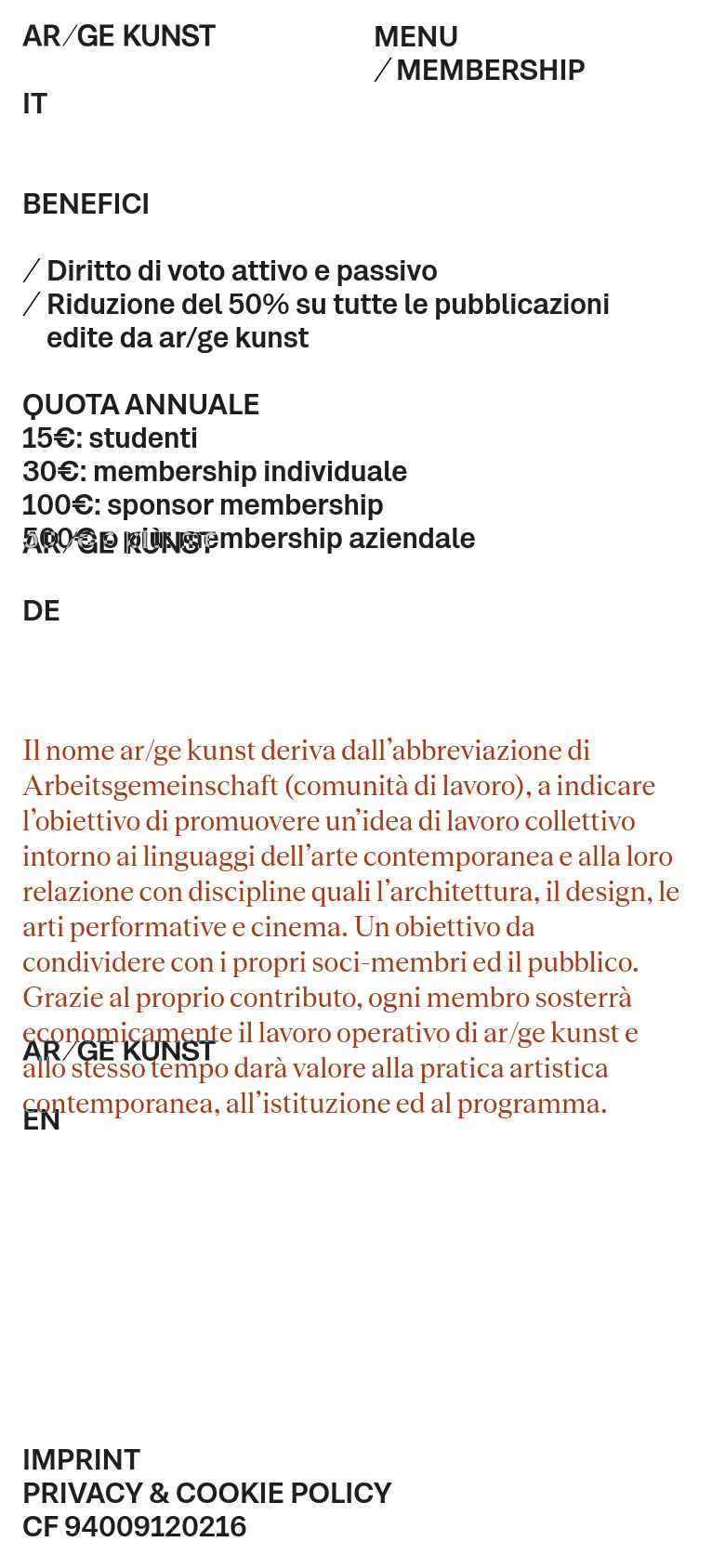 The mobile version presents a single-column vertical layout optimized for small screens. The header is simplified with a 'MENU' label, and all text content, including benefits, fees, and the descriptive paragraph, is stacked vertically. The design maintains the high-contrast black and white color scheme and clean typography of the desktop version.