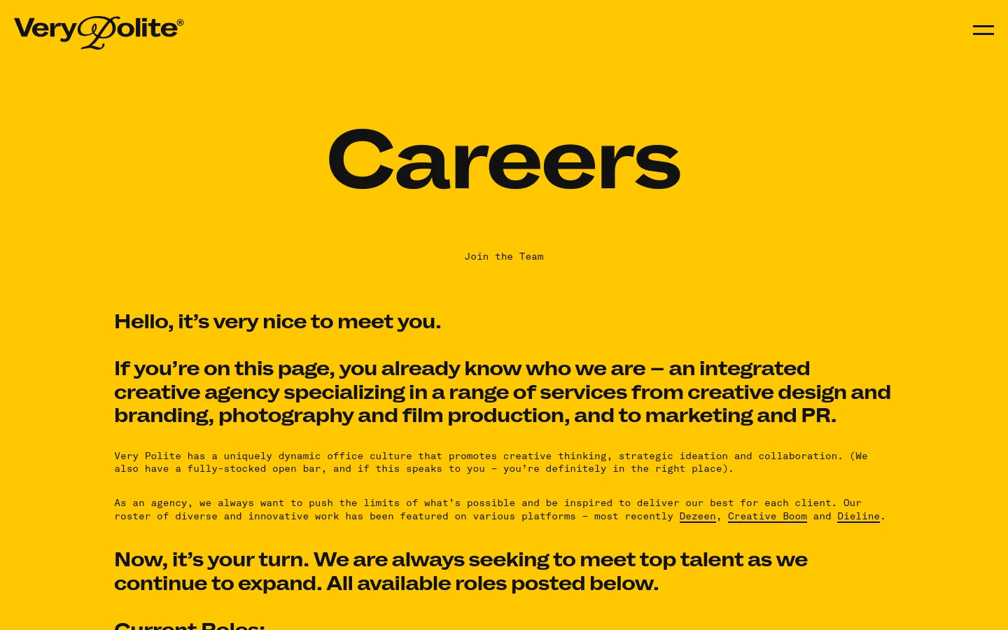 The Careers page features a bold yellow background with the 'Very Polite' logo in the top left and a hamburger menu on the right. A large, black 'Careers' headline is centered above the sub-headline 'Join the Team', followed by introductory text about the agency's culture and services.