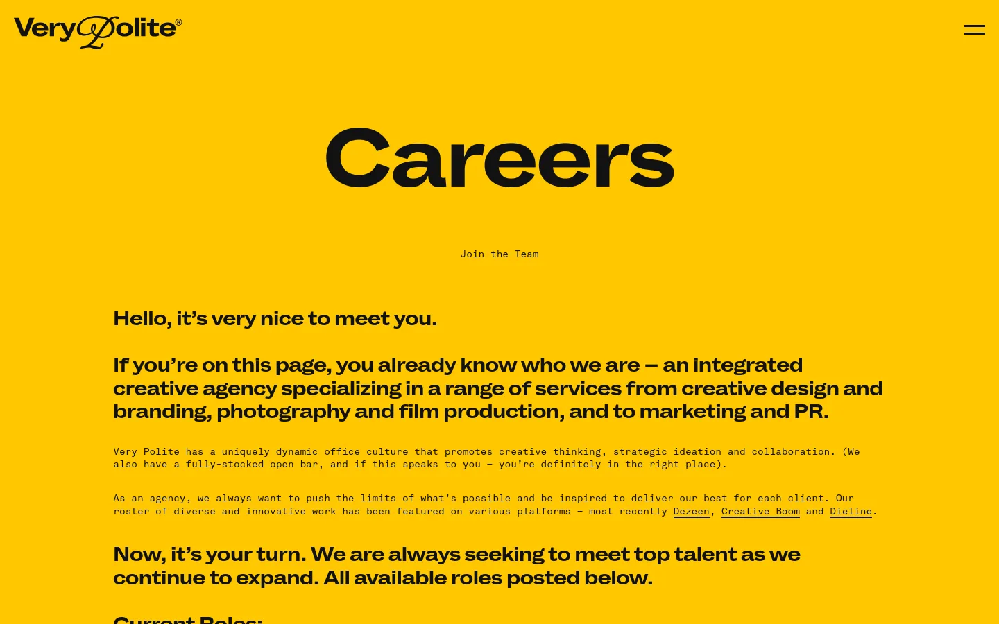 The Careers page features a bold yellow background with the 'Very Polite' logo in the top left and a hamburger menu on the right. A large, black 'Careers' headline is centered above the sub-headline 'Join the Team', followed by introductory text about the agency's culture and services.