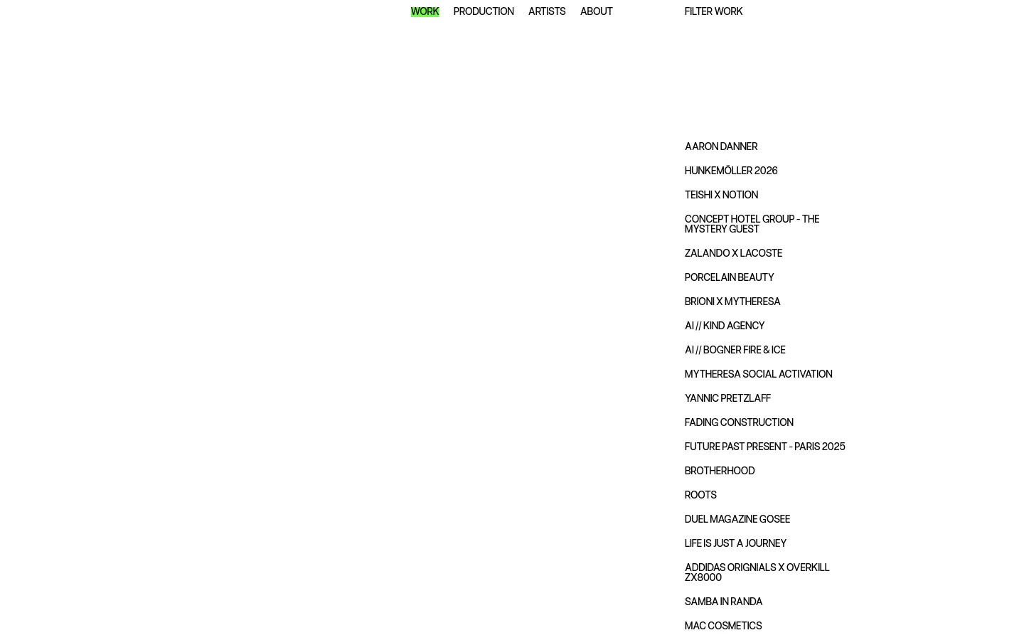 The desktop version of the Work page features a minimalist white background with a navigation menu at the top containing links for Work, Production, Artists, and About. Below the menu, a filter section allows users to sort projects by category, followed by a large grid of project tiles consisting of high-quality photography and text labels. The layout is clean and spacious, emphasizing the visual portfolio content.
