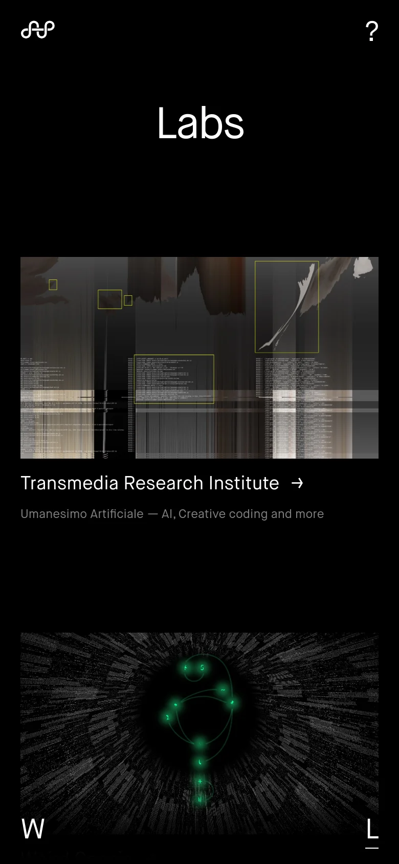 The mobile version maintains the black background and white 'Labs' headline but transitions to a single-column vertical layout. Project cards and their corresponding titles, arrows, and descriptive tags are stacked vertically for easier scrolling on a narrow screen.
