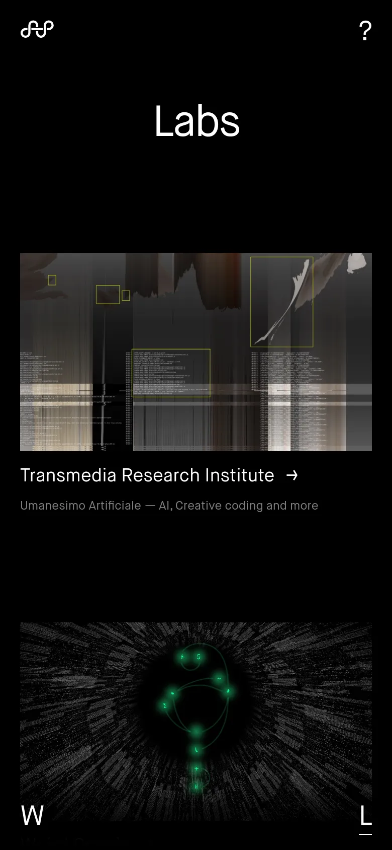 The mobile version maintains the black background and white 'Labs' headline but transitions to a single-column vertical layout. Project cards and their corresponding titles, arrows, and descriptive tags are stacked vertically for easier scrolling on a narrow screen.