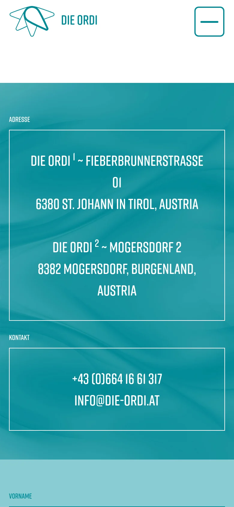 The mobile version uses a single-column layout on a teal background. The address and contact information are stacked vertically in large outlined boxes, followed by a contact form where input fields span the full width of the screen.