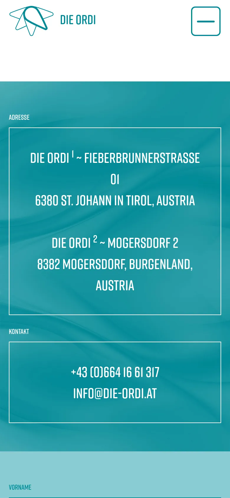 The mobile version uses a single-column layout on a teal background. The address and contact information are stacked vertically in large outlined boxes, followed by a contact form where input fields span the full width of the screen.