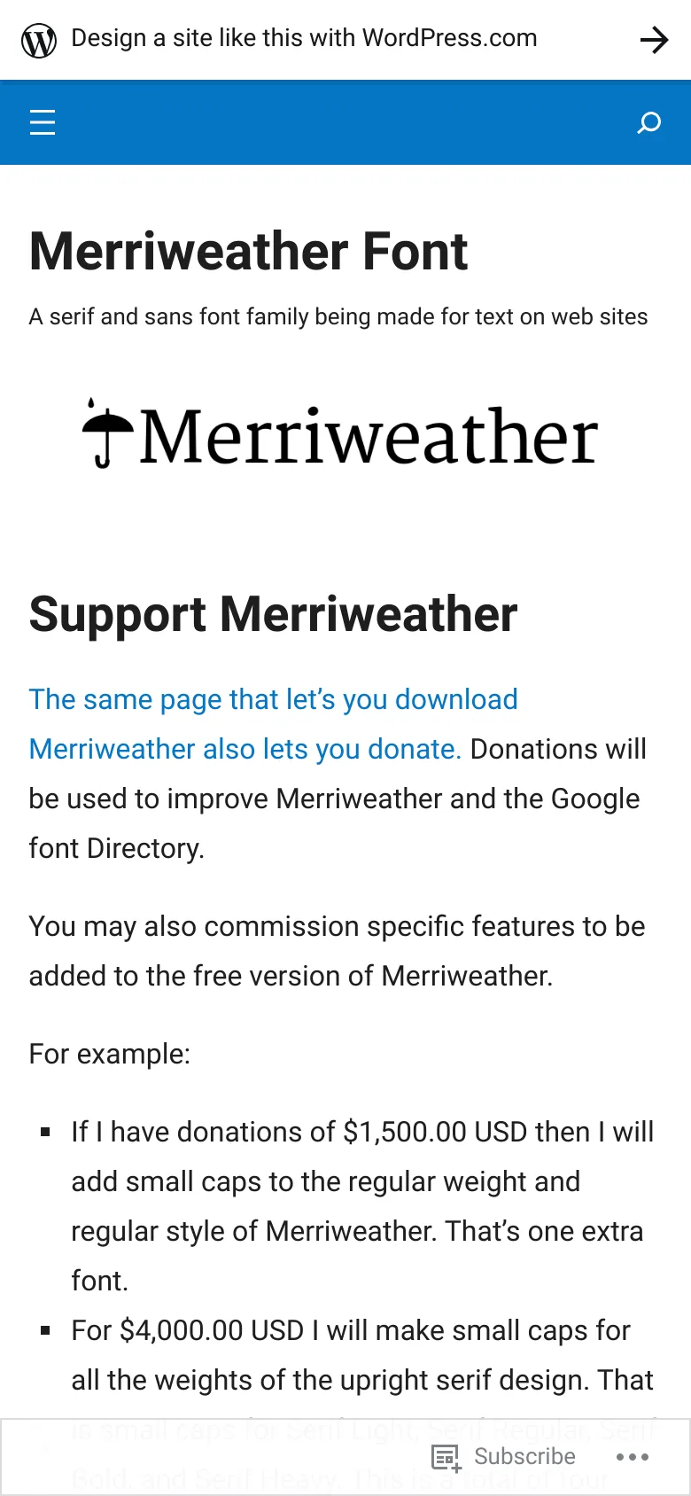 Mobile version of the Support Merriweather page with a simplified layout. The header includes a blue top bar with a hamburger menu and search icon, followed by the Merriweather logo. The content is stacked vertically in a single column, removing the sidebar elements seen on desktop to prioritize the donation text and list.