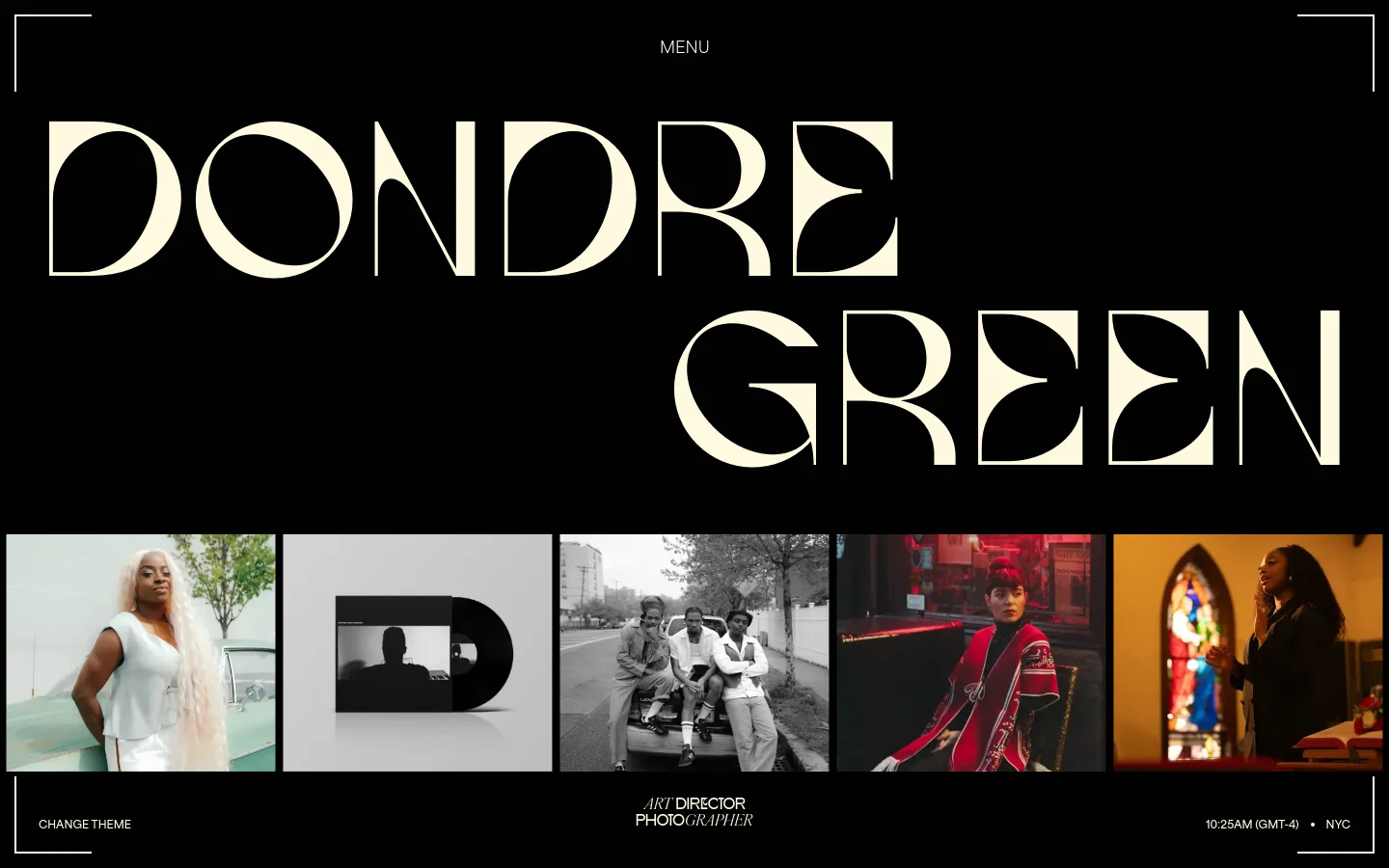 The desktop homepage features a minimalist black background with large, stylized cream-colored typography reading 'DONDRE GREEN'. Below the header, a horizontal grid displays five diverse photographic portfolio pieces, including portraits and product shots. A footer contains the text 'ART DIRECTOR PHOTOGRAPHER' and navigation options.