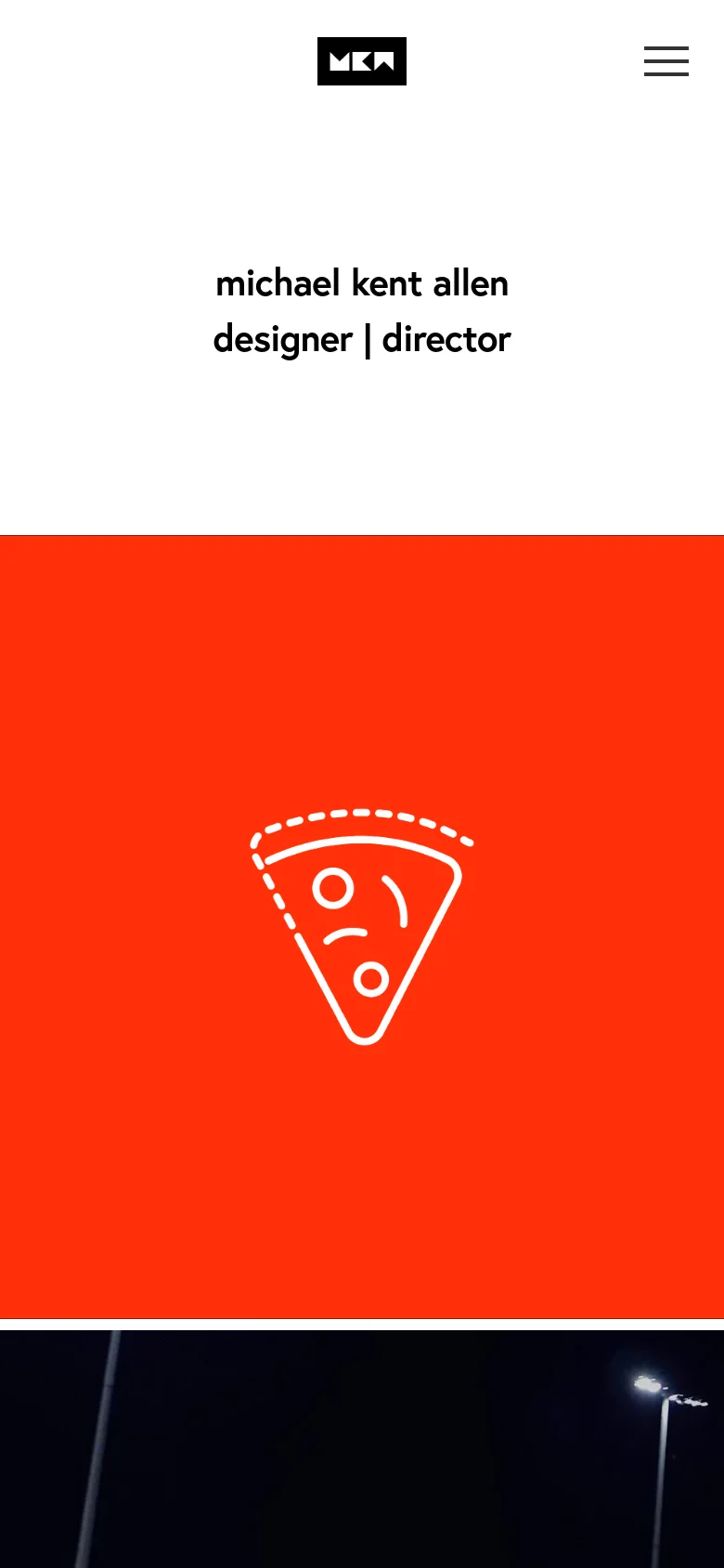 The mobile version maintains the minimalist centered design with the logo and name, but the red section below features a white line-art icon of a pizza slice instead of a hamburger. A hamburger menu icon is visible in the top right corner for navigation.