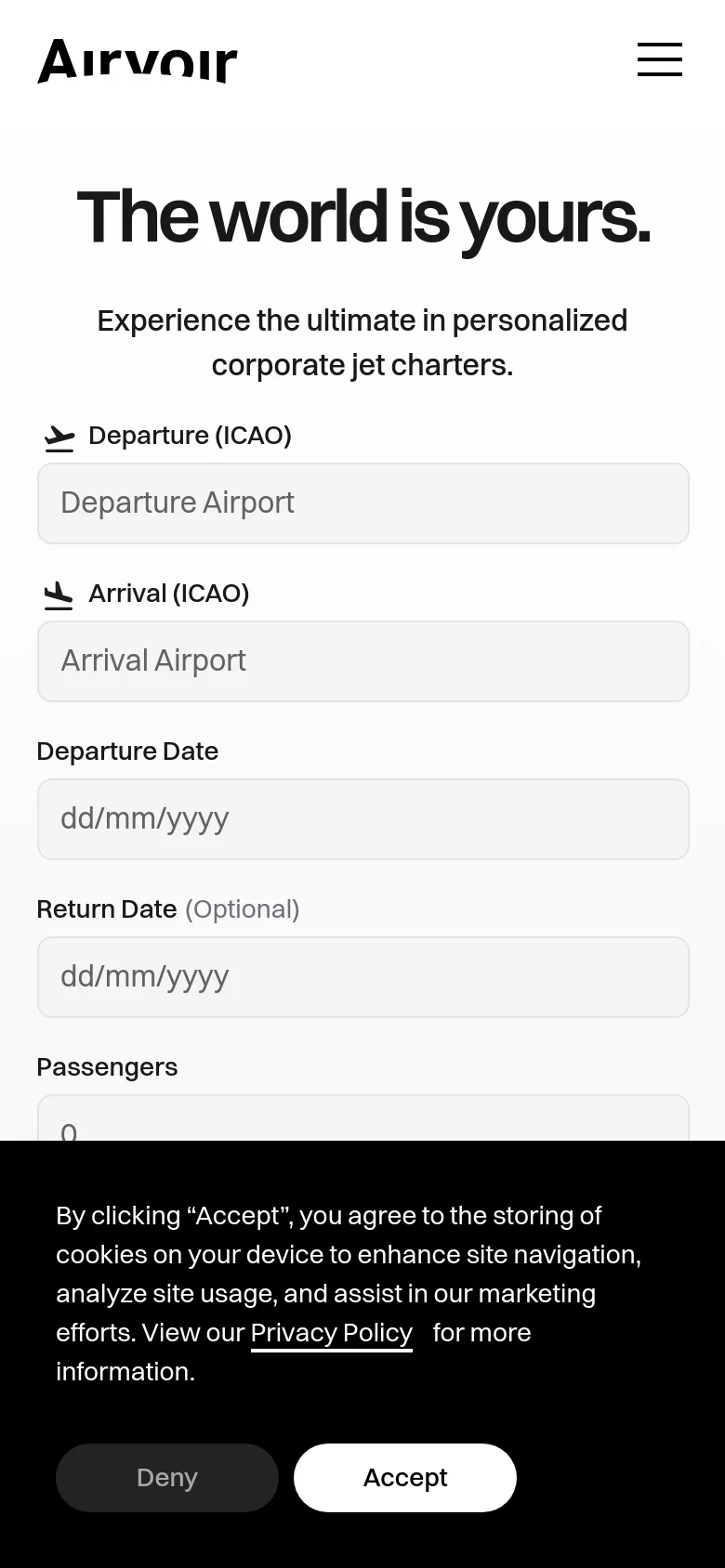 The mobile version presents a vertically stacked layout optimized for smaller screens. The hero section features the 'The world is yours' headline and subtext, followed by a single-column flight booking form where input fields like Departure and Arrival are stacked on top of each other. A cookie consent banner appears at the bottom of the screen with 'Deny' and 'Accept' buttons.