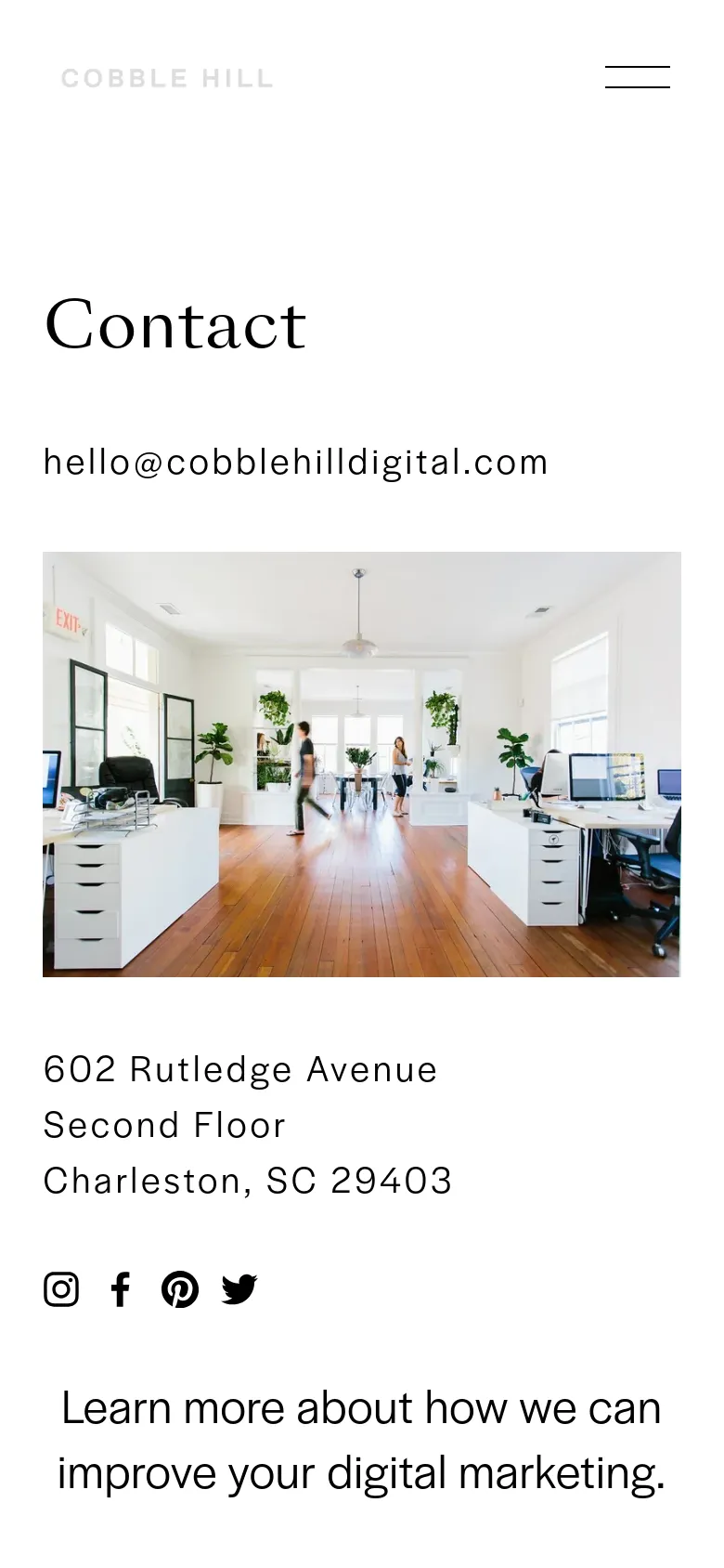 The mobile version presents a single-column vertical layout optimized for small screens. The header is simplified with a hamburger menu icon, followed by the 'Contact' heading, email address, and the office interior photograph. The address and social media icons are stacked vertically below the image, leading into the contact form fields.