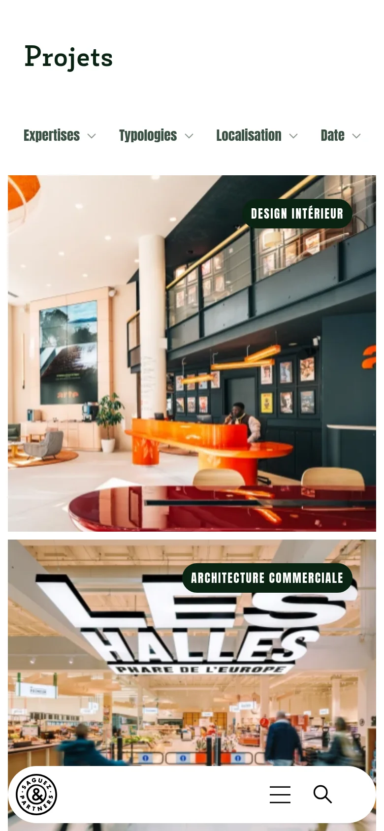 The mobile version maintains the 'Projets' title and the filter dropdowns, but the layout shifts to a single-column vertical stack of large project images. The bottom navigation bar is condensed, featuring a circular logo, a hamburger menu icon, and a search icon for easier mobile interaction.