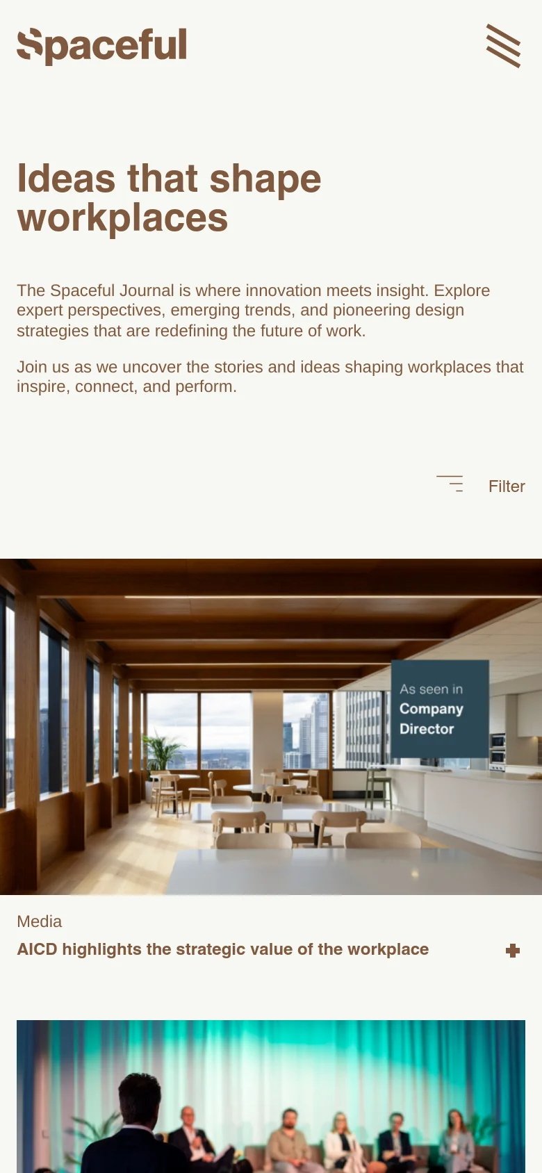 The mobile version presents a simplified vertical layout with a hamburger menu icon and the Spaceful logo at the top. The hero headline and introductory text are stacked vertically, followed by a 'Filter' button with a menu icon. The featured article follows, displaying a full-width image of a modern office space with the article title 'AICD highlights the strategic value of the workplace' positioned below the image.